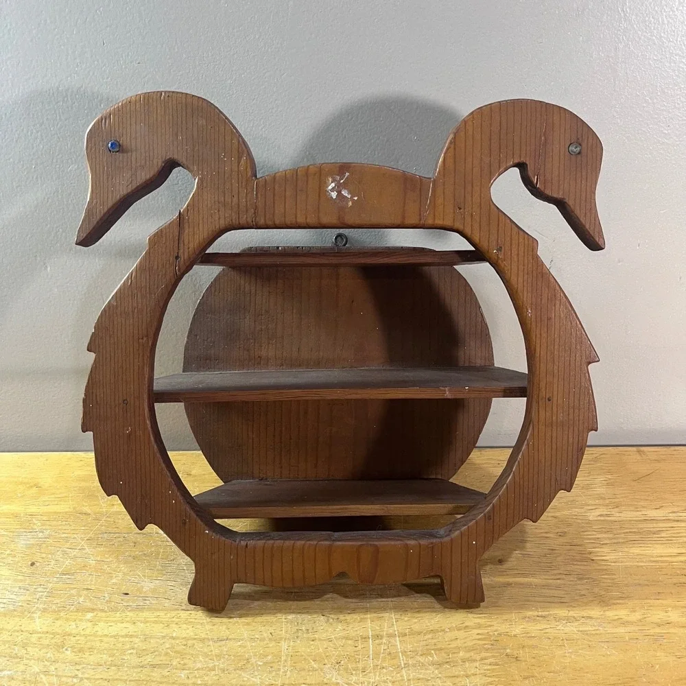 Vtg Wooden Swan Wall Shelf Brown Rustic Folk Art Double Bird 3-Tier Display